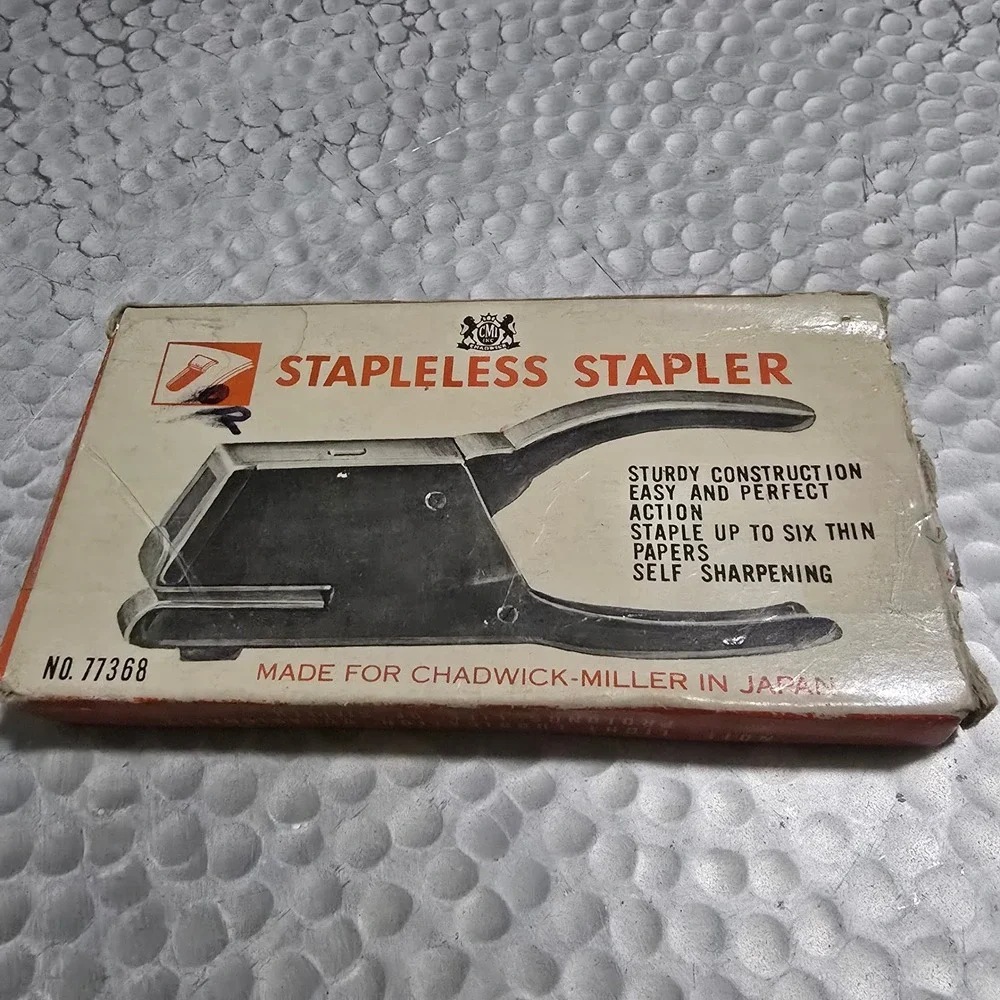 Vintage Chadwick-Miller Stapleless Stapler No.77368 Made in Japan CMI Metal Tool
